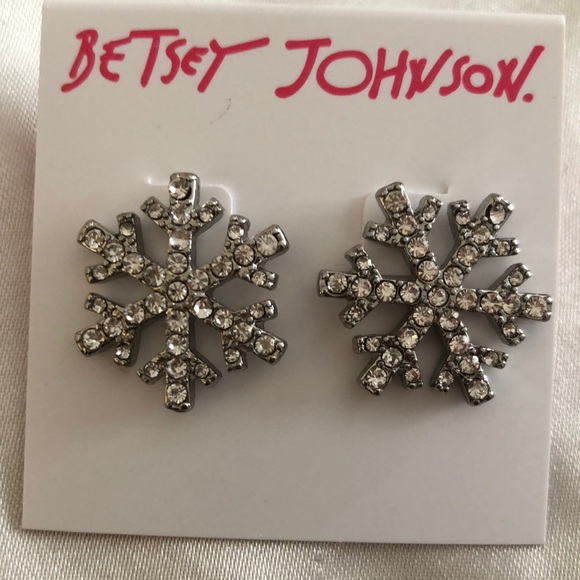 Betsey Johnson Silver Tone Snowflake Stud Earrings Crystal Accents NWT - Picture 6 of 11